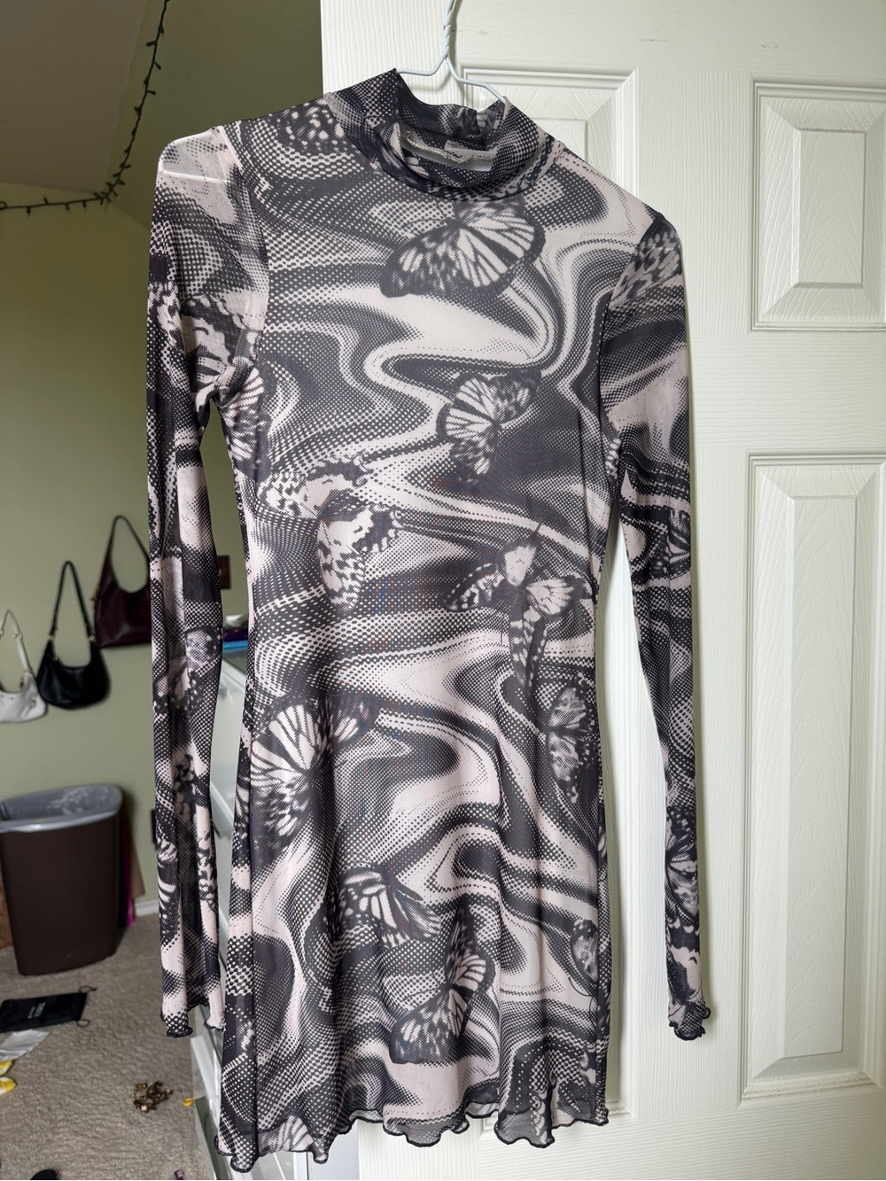 Mock Neck Long Sleeve Butterfly Print Dress in Black and Cream